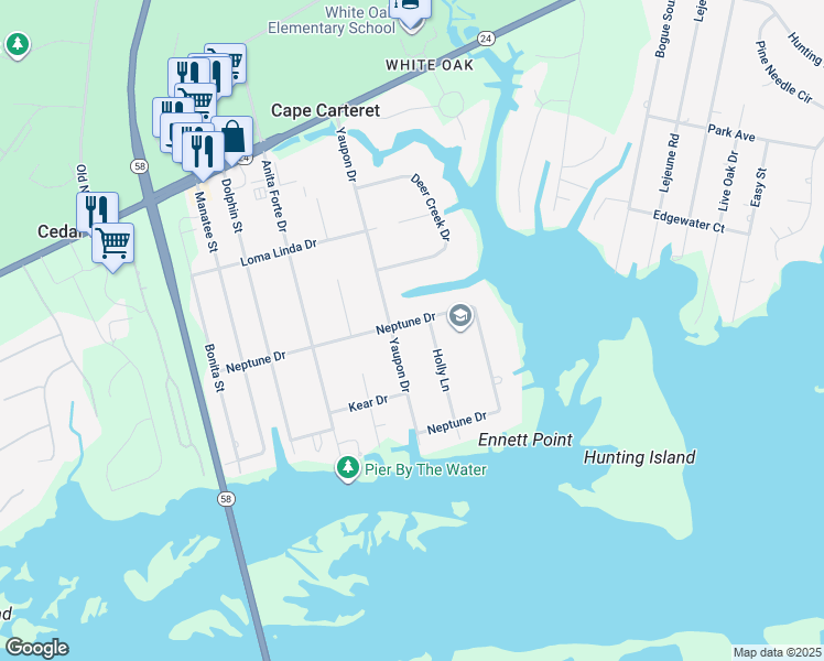 map of restaurants, bars, coffee shops, grocery stores, and more near 502 Neptune Drive in Cape Carteret