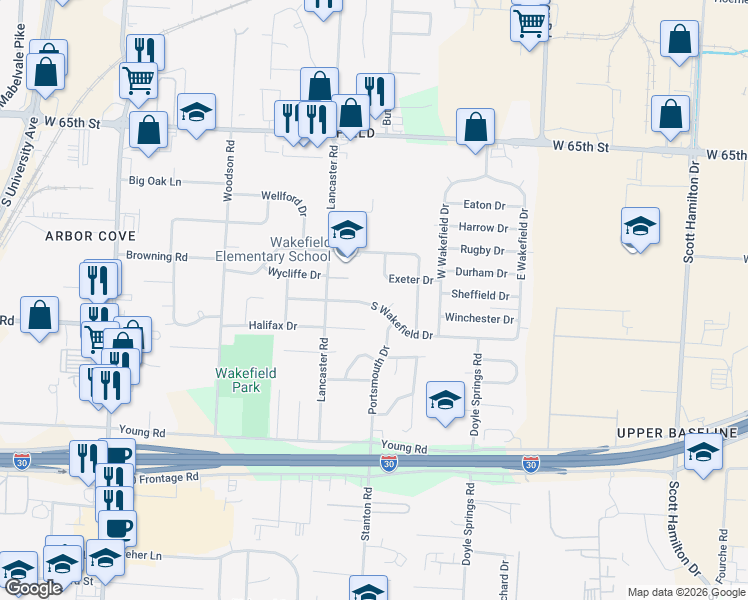 map of restaurants, bars, coffee shops, grocery stores, and more near 54 South Wakefield Drive in Little Rock
