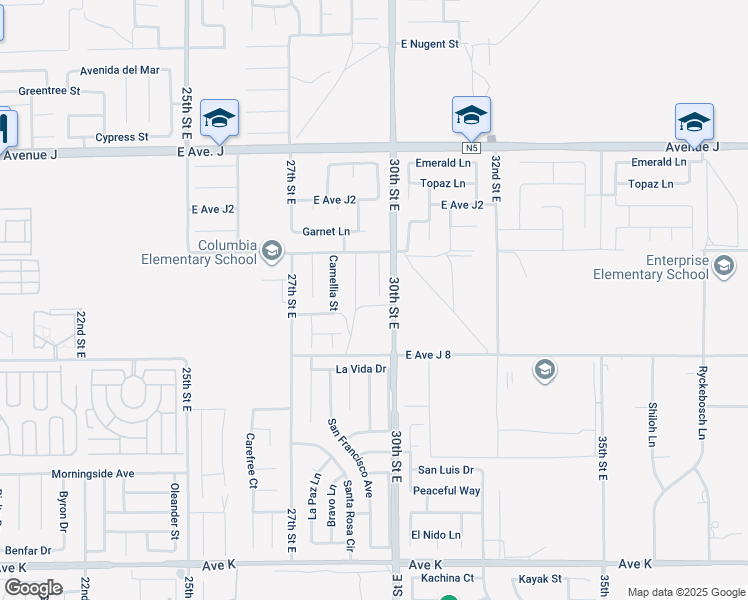map of restaurants, bars, coffee shops, grocery stores, and more near 44105 Acacia Street in Lancaster