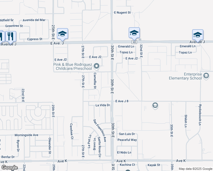 map of restaurants, bars, coffee shops, grocery stores, and more near 44105 Acacia Street in Lancaster