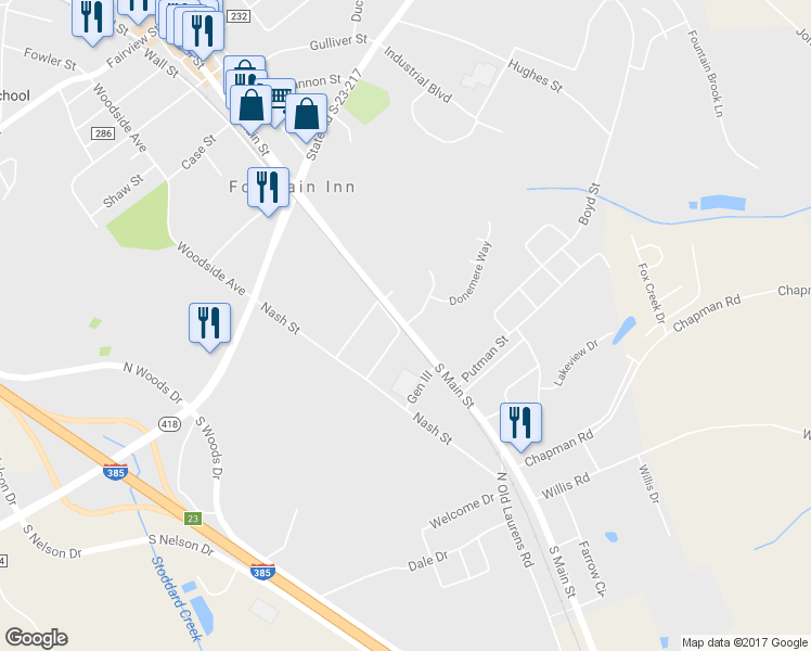 map of restaurants, bars, coffee shops, grocery stores, and more near 1 Brierfield Way in Fountain Inn