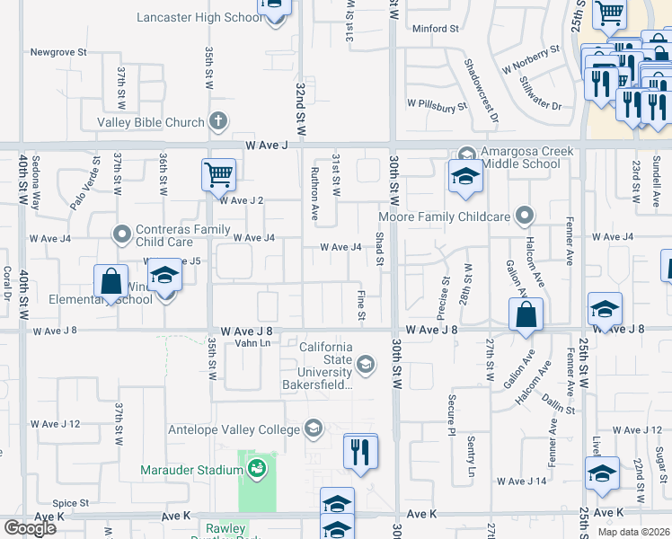 map of restaurants, bars, coffee shops, grocery stores, and more near 44116 Dusty Road in Lancaster