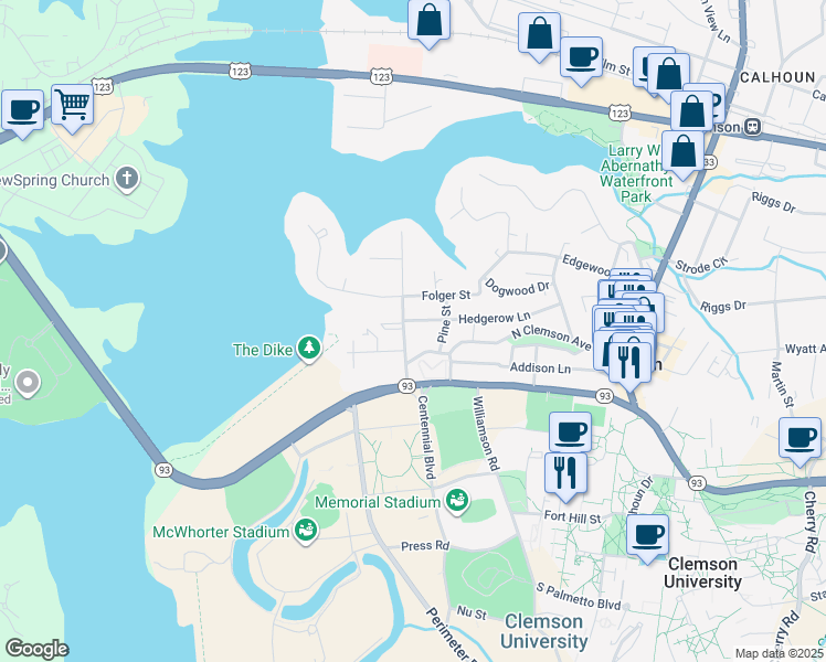 map of restaurants, bars, coffee shops, grocery stores, and more near 203 Pine Street in Clemson