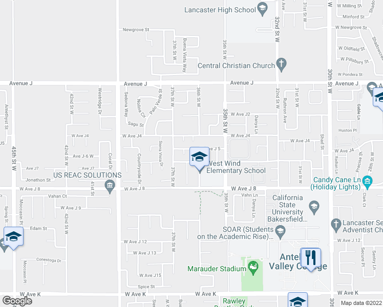 map of restaurants, bars, coffee shops, grocery stores, and more near 44123 Radcliff Court in Lancaster