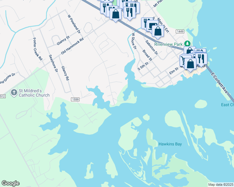 map of restaurants, bars, coffee shops, grocery stores, and more near 205 Deer Island Rd in Swansboro