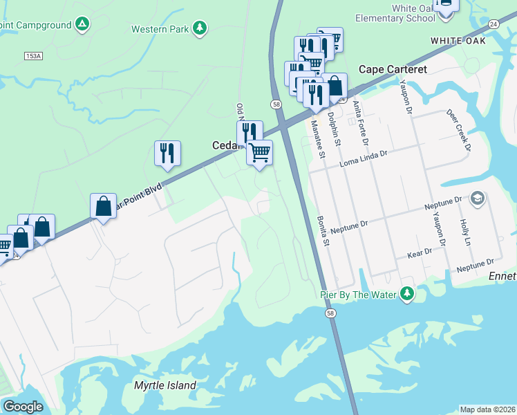 map of restaurants, bars, coffee shops, grocery stores, and more near 209 Royal Oaks Court in Cedar Point