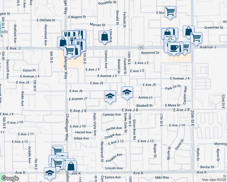 map of restaurants, bars, coffee shops, grocery stores, and more near East Avenue J6 in Lancaster
