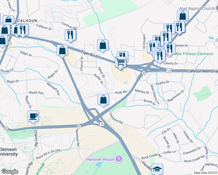 map of restaurants, bars, coffee shops, grocery stores, and more near 1 Epting Circle in Clemson