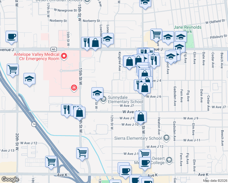 map of restaurants, bars, coffee shops, grocery stores, and more near 44118 12th Street West in Lancaster