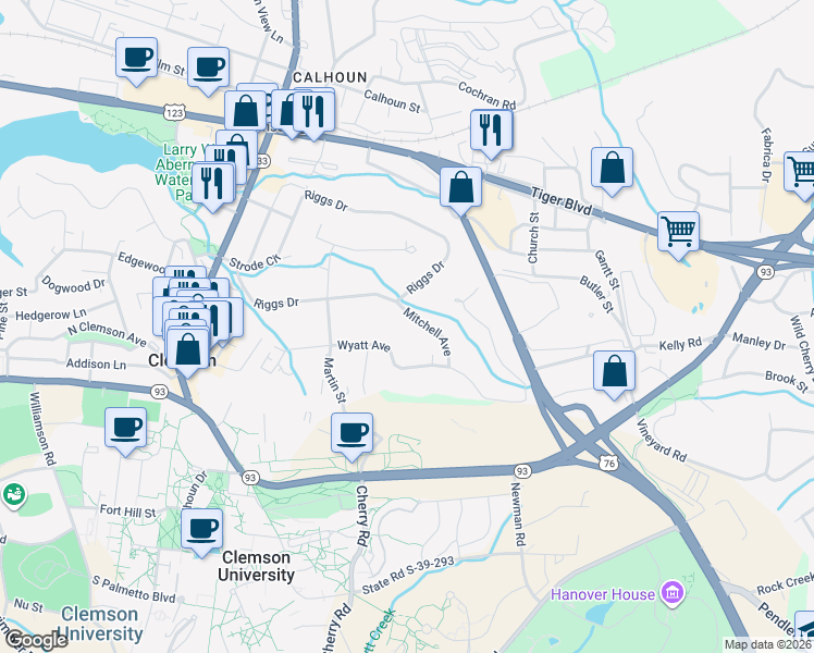 map of restaurants, bars, coffee shops, grocery stores, and more near 104 Mitchell Avenue in Clemson