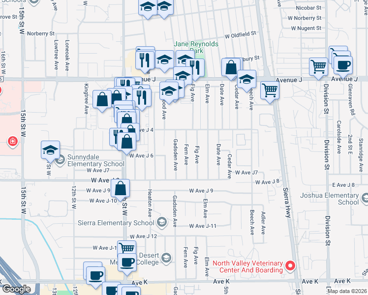 map of restaurants, bars, coffee shops, grocery stores, and more near 44121 Fern Avenue in Lancaster