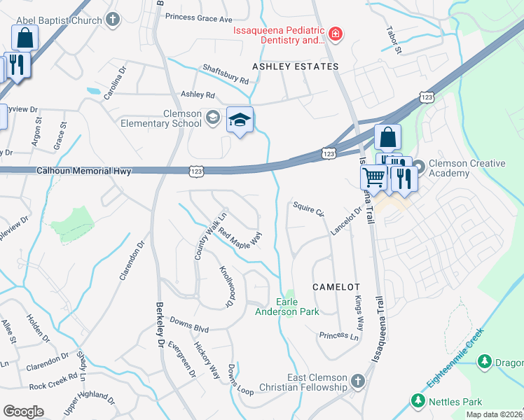 map of restaurants, bars, coffee shops, grocery stores, and more near 304 Red Maple Way in Clemson