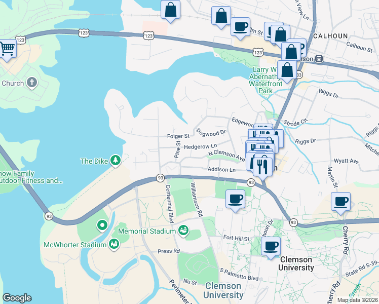 map of restaurants, bars, coffee shops, grocery stores, and more near 228 North Clemson Avenue in Clemson