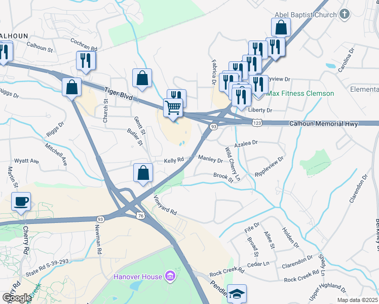 map of restaurants, bars, coffee shops, grocery stores, and more near 373 Old Greenville Hwy in Clemson