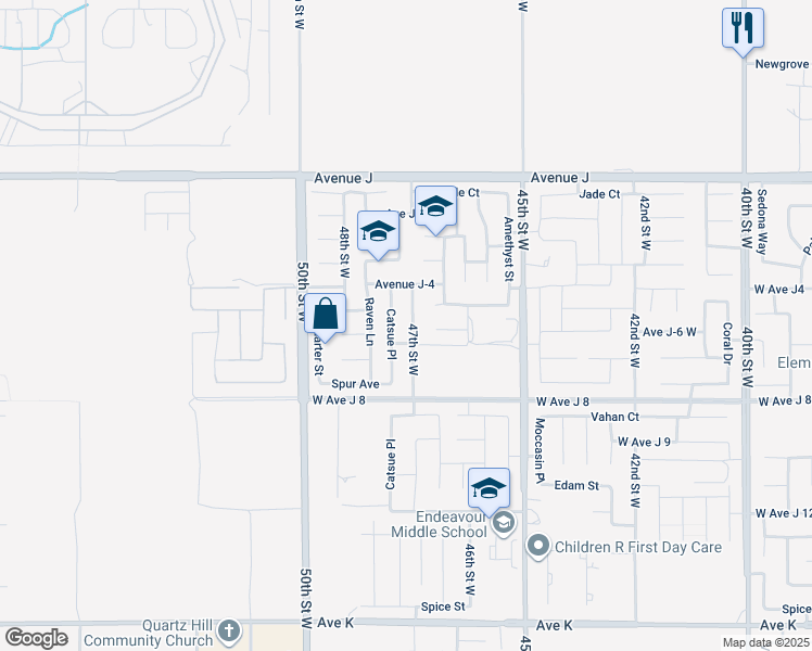 map of restaurants, bars, coffee shops, grocery stores, and more near 44117 47th Street West in Lancaster