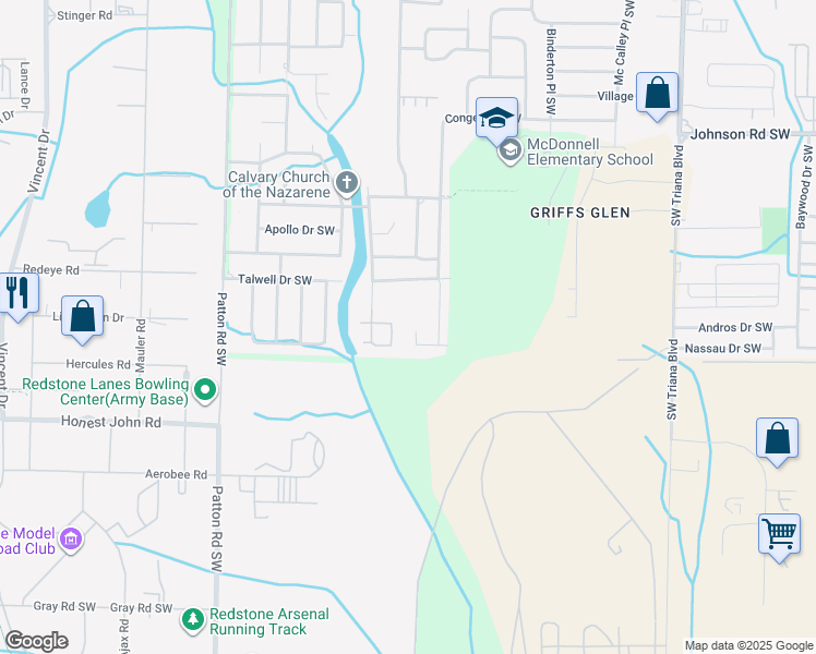 map of restaurants, bars, coffee shops, grocery stores, and more near 3915 W Oak Way Southwest in Huntsville