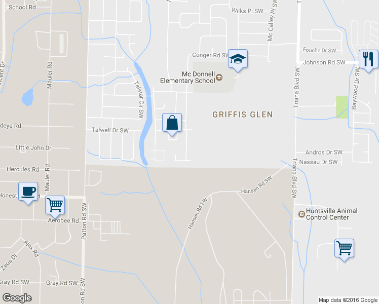 map of restaurants, bars, coffee shops, grocery stores, and more near 3715 Conger Road Southwest in Huntsville