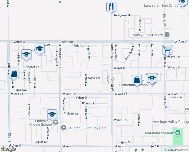 map of restaurants, bars, coffee shops, grocery stores, and more near 4121 Avenue J-6 West in Lancaster