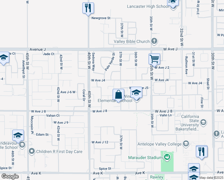 map of restaurants, bars, coffee shops, grocery stores, and more near 44125 Sierra Vista Drive in Lancaster
