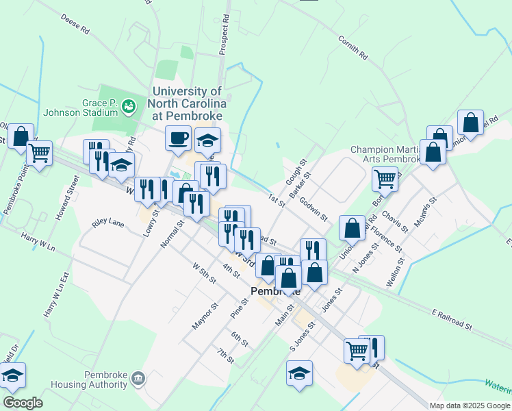 map of restaurants, bars, coffee shops, grocery stores, and more near 408 West Railroad Street in Pembroke