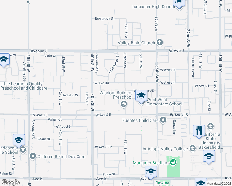 map of restaurants, bars, coffee shops, grocery stores, and more near 44125 Sierra Vista Drive in Lancaster