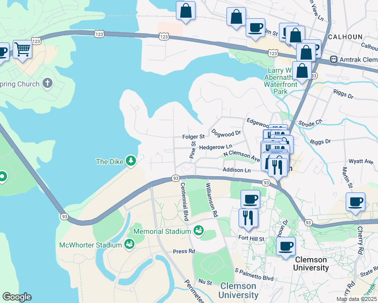 map of restaurants, bars, coffee shops, grocery stores, and more near 203 Pine Street in Clemson