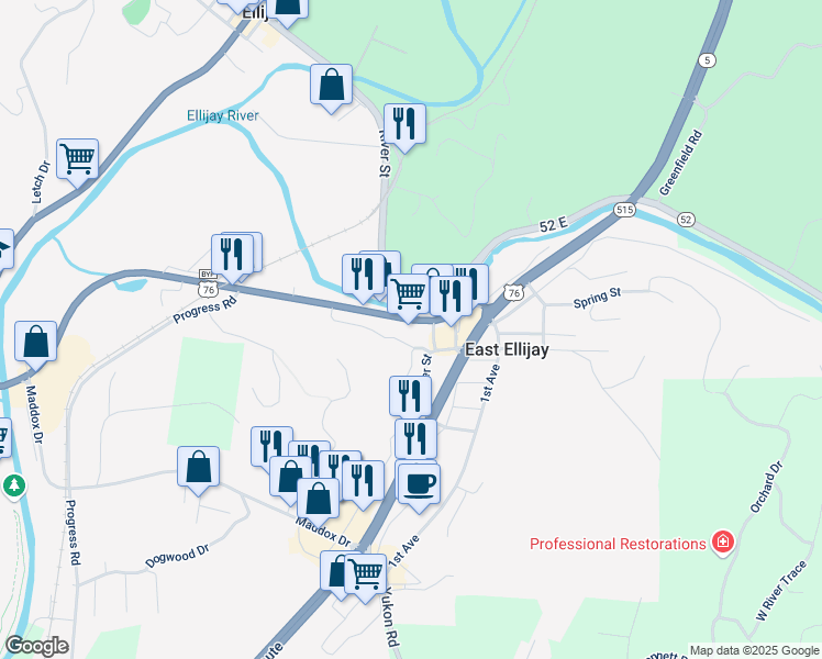 map of restaurants, bars, coffee shops, grocery stores, and more near 130 Fowler Street in Ellijay