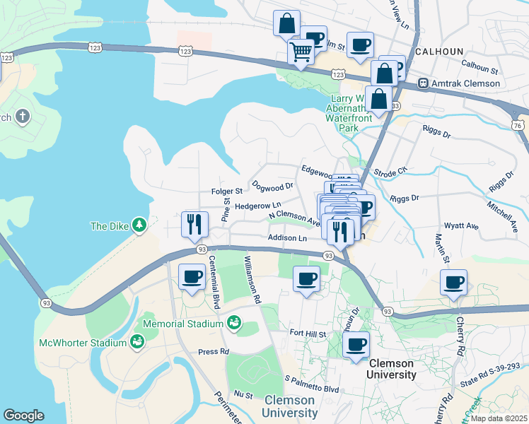 map of restaurants, bars, coffee shops, grocery stores, and more near 220 North Clemson Avenue in Clemson
