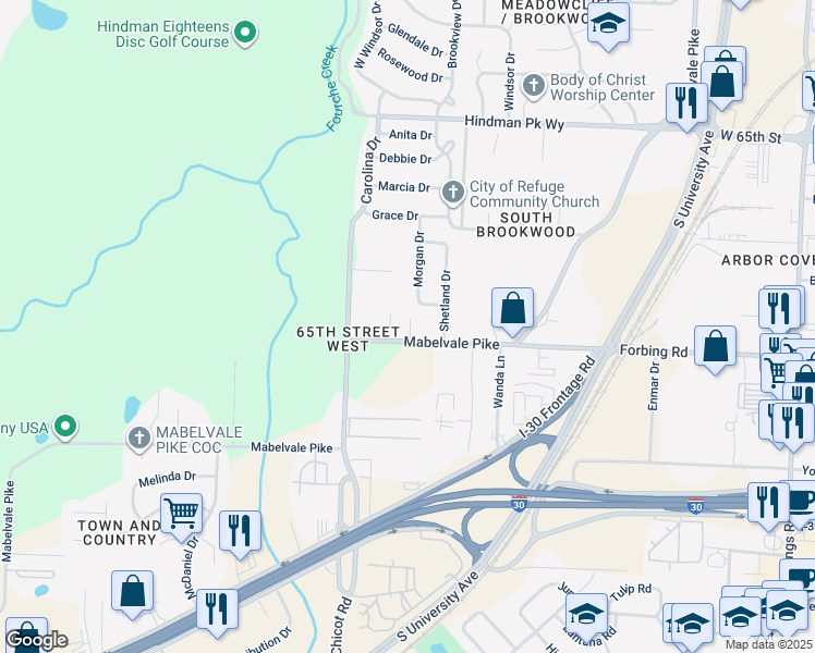 map of restaurants, bars, coffee shops, grocery stores, and more near 7418 Mabelvale Pike in Little Rock