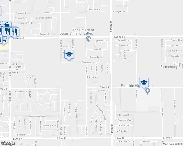 map of restaurants, bars, coffee shops, grocery stores, and more near 44110 Dahlia Street in Lancaster