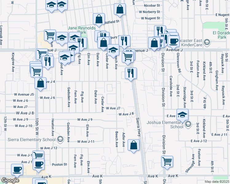 map of restaurants, bars, coffee shops, grocery stores, and more near 44103 Beech Avenue in Lancaster