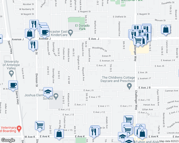 map of restaurants, bars, coffee shops, grocery stores, and more near 44123 Sancroft Avenue in Lancaster