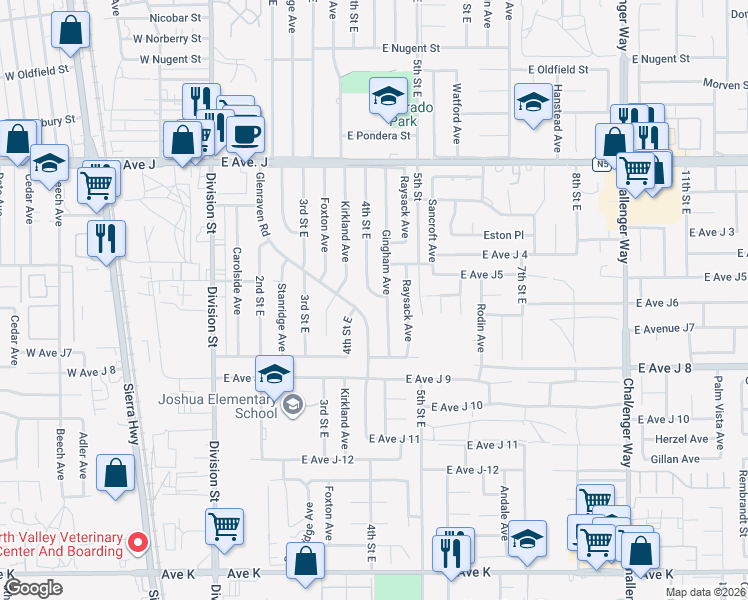 map of restaurants, bars, coffee shops, grocery stores, and more near 44101 4th Street East in Lancaster