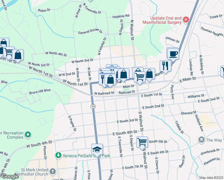 map of restaurants, bars, coffee shops, grocery stores, and more near 103 North Townville Street in Seneca