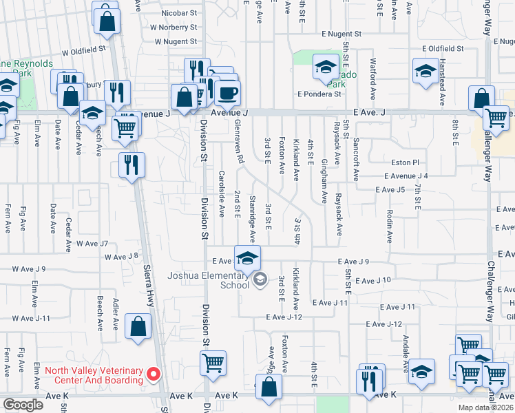 map of restaurants, bars, coffee shops, grocery stores, and more near 44128 Stanridge Avenue in Lancaster