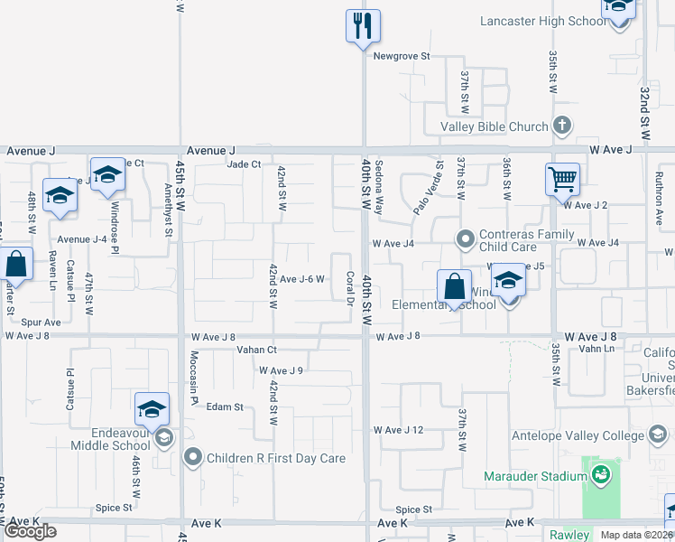 map of restaurants, bars, coffee shops, grocery stores, and more near 44128 Westridge Drive in Lancaster