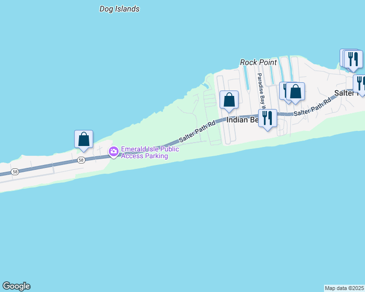 map of restaurants, bars, coffee shops, grocery stores, and more near 1725 Salter Path Road in Indian Beach