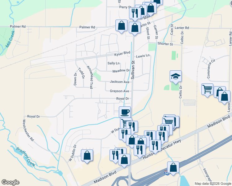 map of restaurants, bars, coffee shops, grocery stores, and more near 117 Grayson Avenue in Madison