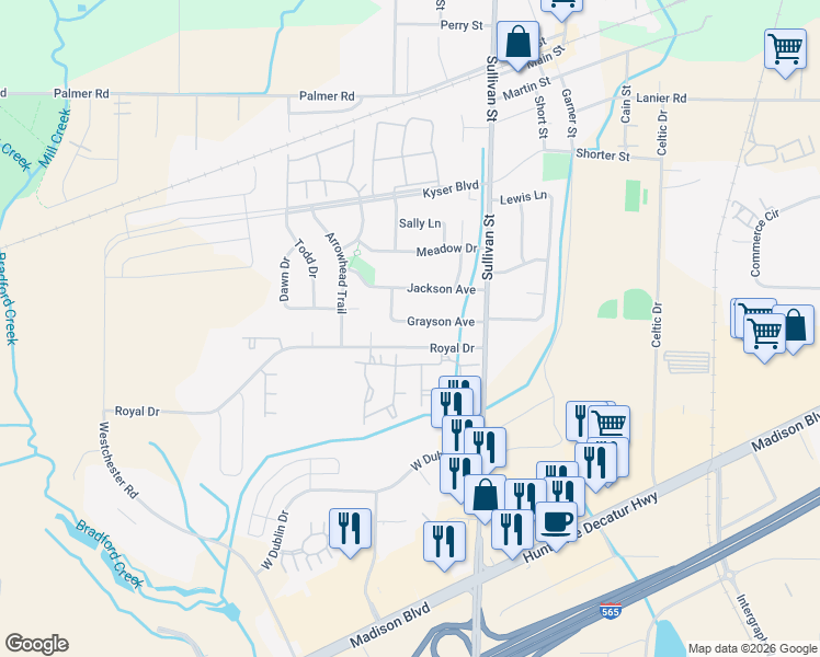 map of restaurants, bars, coffee shops, grocery stores, and more near 117 Grayson Avenue in Madison