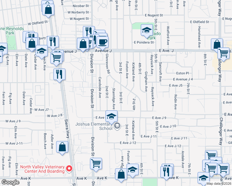 map of restaurants, bars, coffee shops, grocery stores, and more near 44128 Stanridge Avenue in Lancaster
