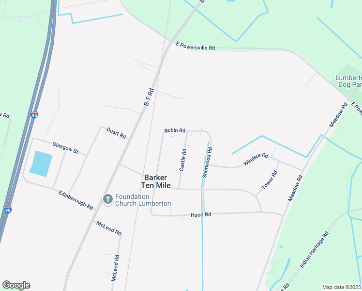 map of restaurants, bars, coffee shops, grocery stores, and more near 219 Castle Road in Lumberton