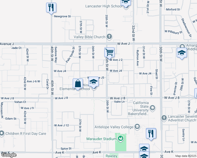 map of restaurants, bars, coffee shops, grocery stores, and more near 44124 Wellesley Court in Lancaster
