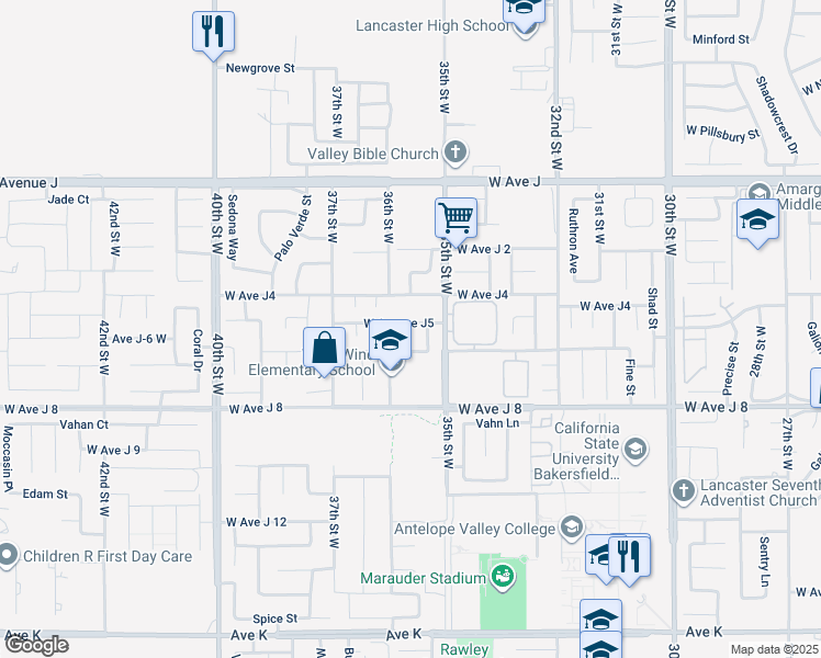 map of restaurants, bars, coffee shops, grocery stores, and more near 44124 Wellesley Court in Lancaster