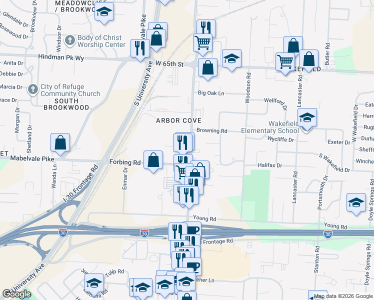 map of restaurants, bars, coffee shops, grocery stores, and more near 6014 Forbing Road in Little Rock