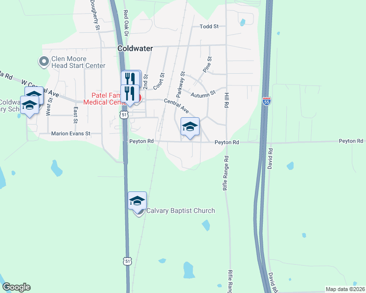 map of restaurants, bars, coffee shops, grocery stores, and more near 282 Peyton Road in Coldwater