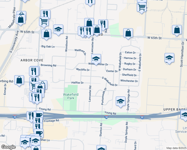 map of restaurants, bars, coffee shops, grocery stores, and more near 70 South Wakefield Drive in Little Rock
