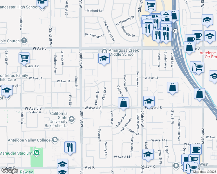 map of restaurants, bars, coffee shops, grocery stores, and more near Avenue J-4 in Lancaster