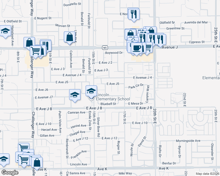 map of restaurants, bars, coffee shops, grocery stores, and more near 44123 Sundance Court in Lancaster