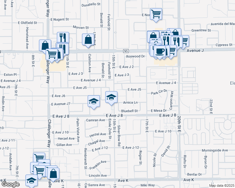 map of restaurants, bars, coffee shops, grocery stores, and more near 1511 East Avenue J6 in Lancaster