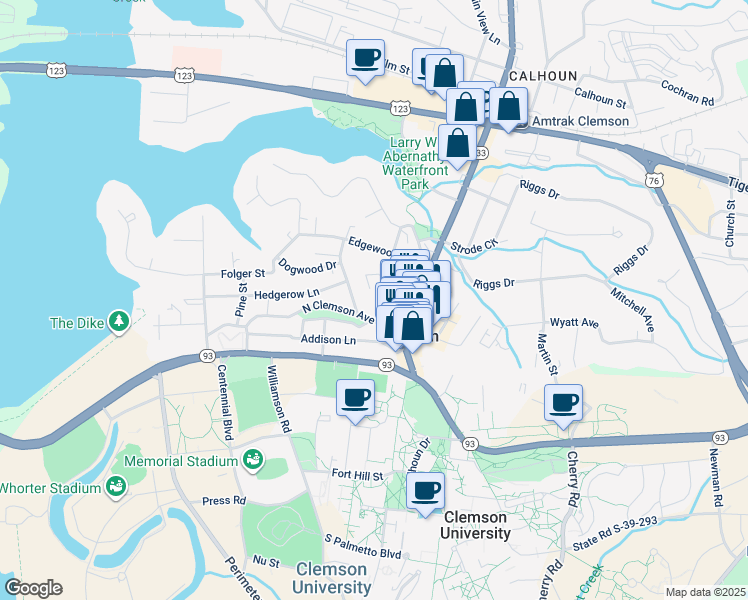 map of restaurants, bars, coffee shops, grocery stores, and more near 110 North Clemson Avenue in Clemson
